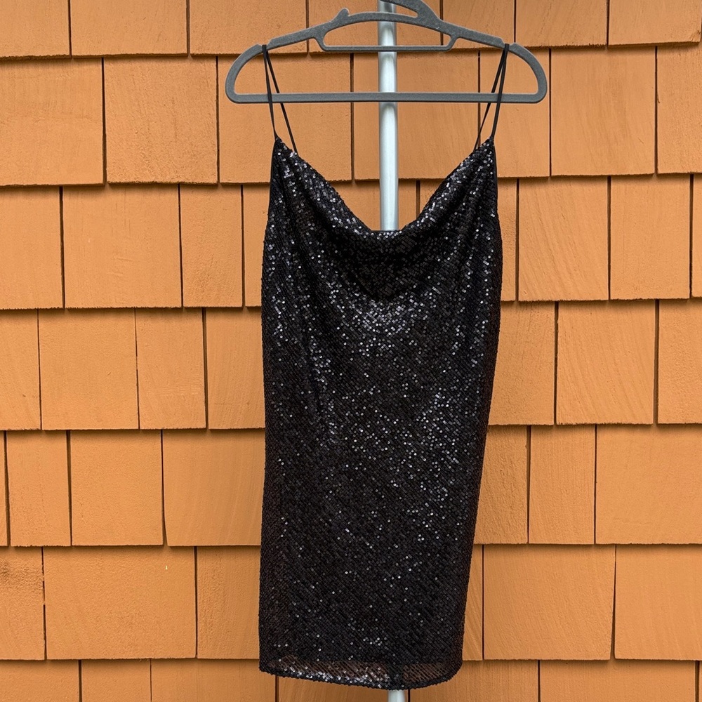 ASOS | Black Sequined Cowl Neck Mini Modern Party Ready Shift Dress | Size 6